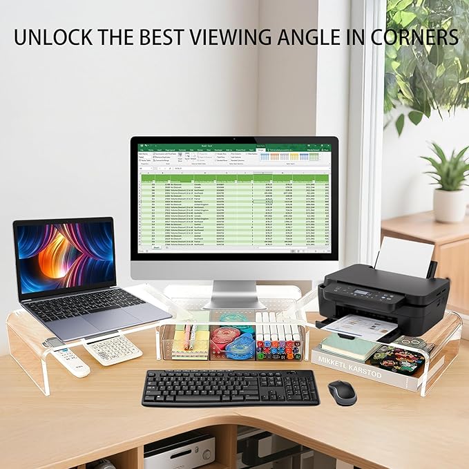 OPNICE Clear Acrylic Desk Organizers and Accessories, Dual Monitor Stand Riser with Drawer, Desk Shelf Computer Racks for Office Workspace Organizers, Desktop Organization