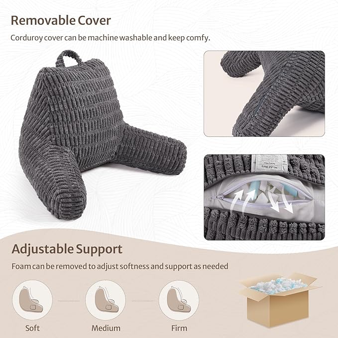 Blissful Diary Reading Pillow, Backrest Pillow with Shredded Memory Foam for Adult & Children, Designed for Bed and Couch Sitting Up, Includes Arms, Pockets and Washable Cover, Dark Gray