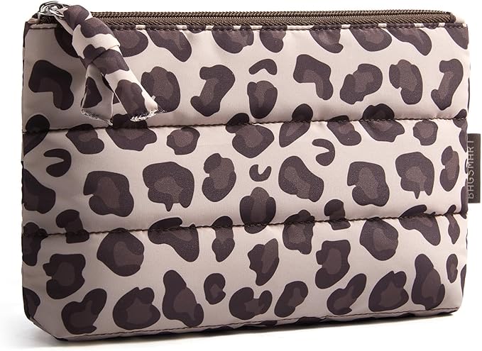 BAGSMART Small Makeup Bag, Puffy Portable Cosmetic Pouch with Charm Zipper, Water-Resistant Travel Organizer for Women (Leopard Print, Small)