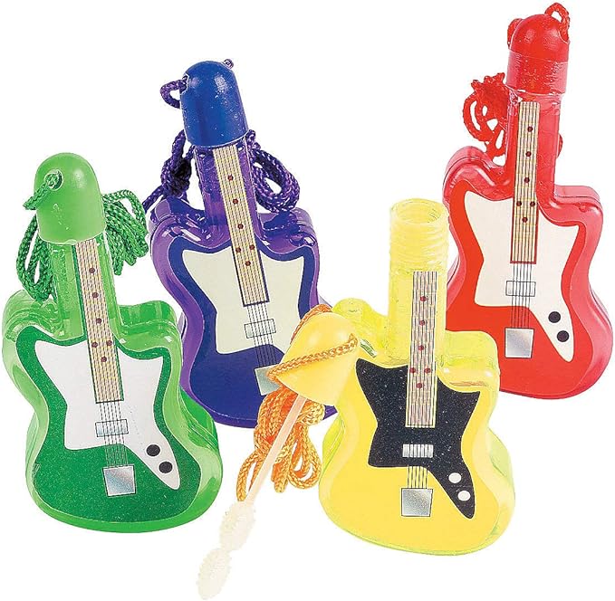 Fun Express Guitar Bubble Bottle Necklaces – Colorful Music Party Favors for Kids Perfect VBS Vacation Bible School Supplies – Fun Decorations Parties & Events Engaging & Interactive – 12 Pieces
