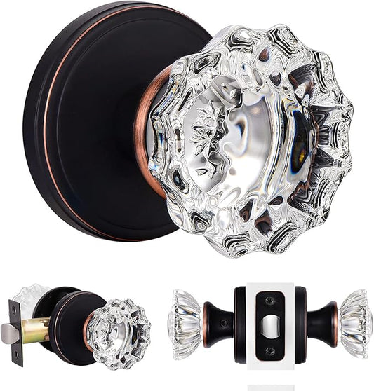 SHINY HANDLES Glass Door Knobs Interior, Crystal Passage Door Knob for Hallway Closet, Oil Rubbed Bronze (1 Pack)