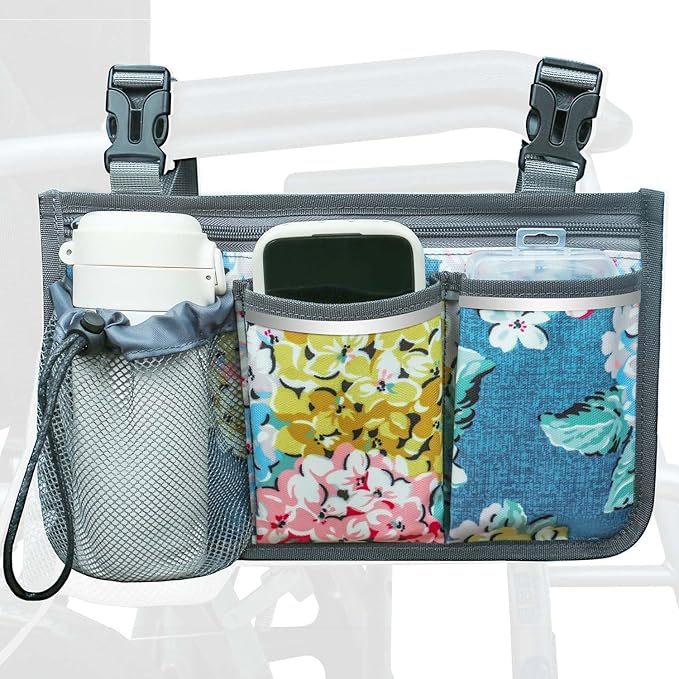 Wheelchair Bag, Walker Bag, Wheelchair Side Bag, Armrest Organizer Pouch with Cup Holder Attachment and Reflective Strip, Accessories for Most Wheelchairs, Walker, Rollators, Blue Flowers