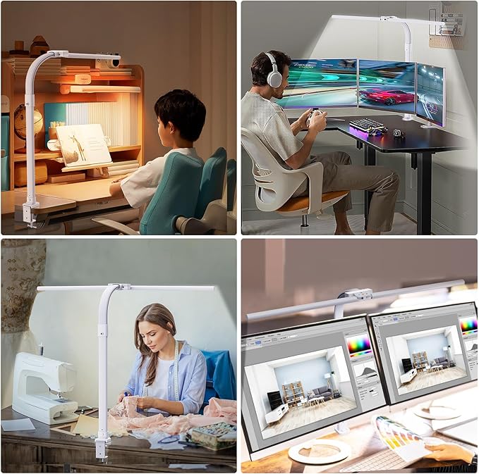 Led Desk Lamp for Home Office,24W Bright Eye-Caring Desk Light with Clamp,5 brightness and 5 temperatures Dimmable Workbench Task Light, Adjustable Gooseneck Table Lamp for Monitor Study(white)