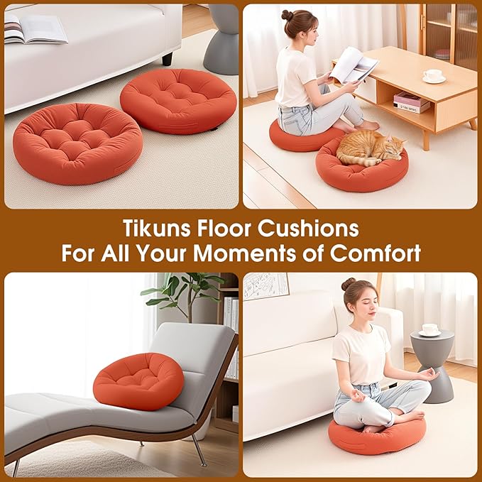 2Pcs Floor Pillows for Adults, Meditation Cushions, Large Round Sitting Cushion Living Room Memory Foam Pillow for Sitting (2, Orange, 22x22x4 Inch)