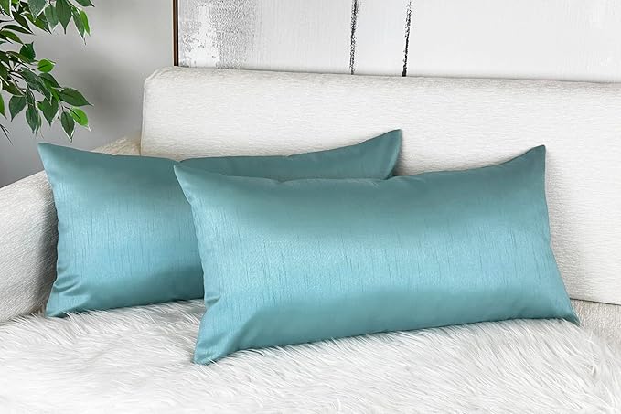 Aiking Home 12x24 Inches Faux Silk Rectangular Throw Pillow Cover, Zipper Closure, Aqua (Set of 2)
