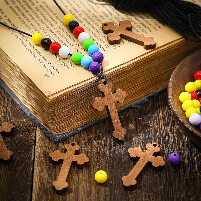 16 Set DIY Wooden Cross Necklaces Christian Crafts DIY Cross Necklace with Colorful Assorted Beads for Sunday Crafts Men Women