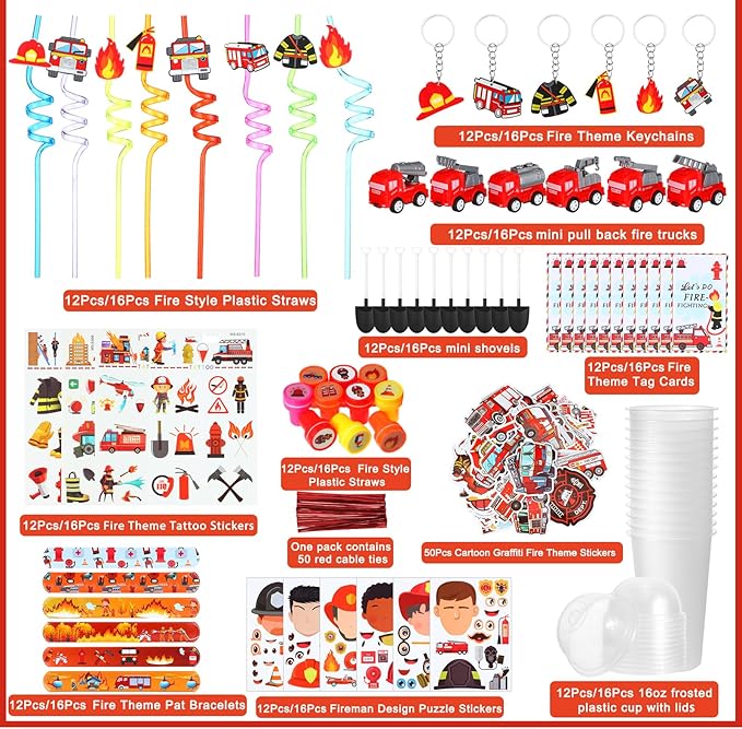 HyDren 211 Pcs Firefighter Party Favors Included Gift Cup Straw Keychain Slap Bracelet Mini Truck Sticker Stamper Card Tattoo Sticker Shovel Sticker Tag Cable Tie For Birthday Gift Prize