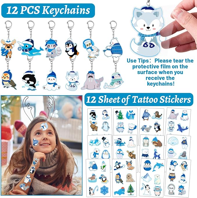 98 PCS Winter Arctic Animals Party Favors, Winter Arctic Polar Animals Stickers Temporary Tattoos Slap Bracelets Keychains Badges Arctic Animals Birthday Party Decorations Supplies for Kids