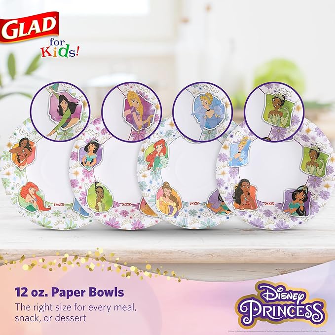 Glad for Kids Disney Princess 12oz Paper Bowls Disney Princess Paper Bowls, Kids Bowls, Kid-Friendly Paper Bowls for Everyday Use, 12oz Paper Bowls 40 Ct