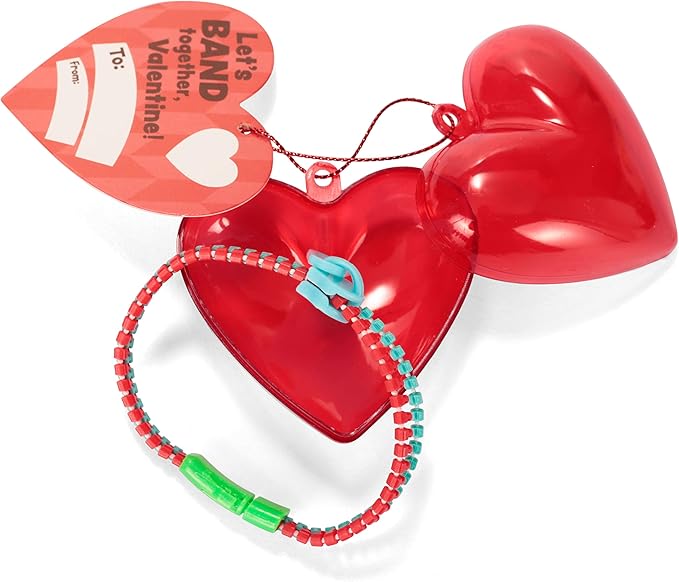 JOYIN 28 Pcs Valentines Day Pre Filled Hearts with Cards Filled with Zipper Bracelets for Kids Classroom Exchange, Cute Toys for Valentine Party Favors, Gift Exchange, Game Prizes