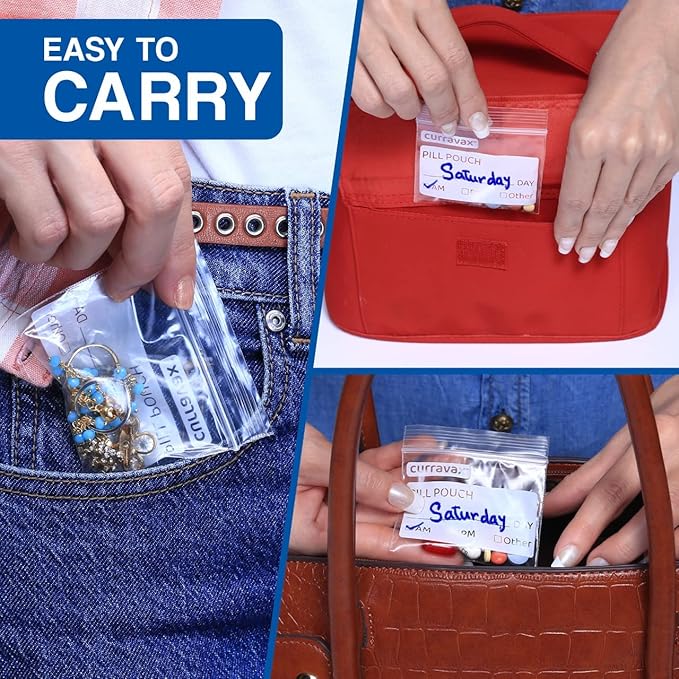 CURRAVAX Pill Bags Pack of 225- BPA Free 3 x 2.75 inch Pill Pouch - Pill Pouches for Medicine with Write on Label –Clear Ziplock Pill Baggies for Travel Medicine Organizer