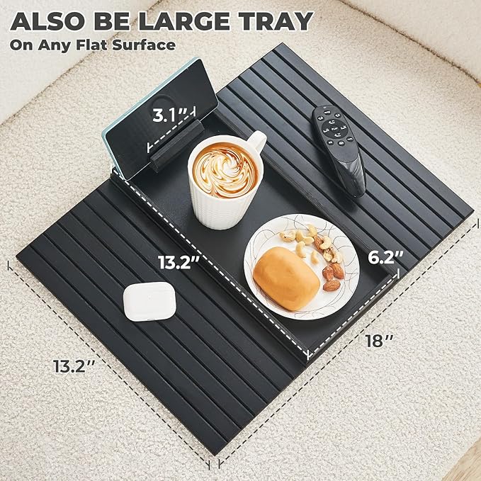 Bamboo Sofa Arm Tray Armrest Table with 360° Rotating Phone Holder, Anti Falling Couch Arm Tray, Foldable and Portable Sofa Armrest Cup Holder for Drink,Cups, Phone, Snacks, Remote