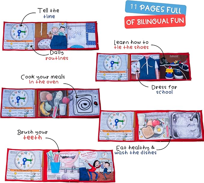 Routines 11 Pages Quiet Book for 3+ Year Old Boys and Girls | Bilingual Soft Book | Preschool and Early Learning | Montessori Fabric Book for Toddlers | Play and Learn Toy | 14 Pieces Included.