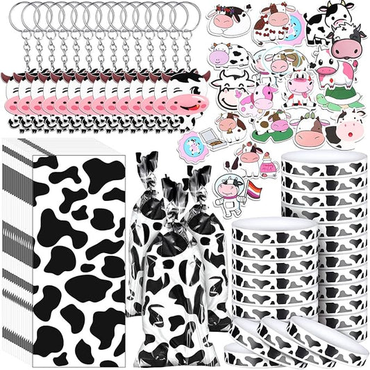 Chunful 148 Pcs Cow Party Favors Supplies Include Cute Cow Keychain Cow Print Gift Bag Elastic Cow Silicone Bracelets Cow Stickers Cow Animal Print Stickers for Kids Girl Shower Birthday(White)