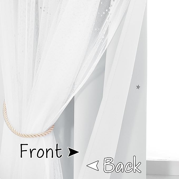 NICETOWN 84 inch Length Star and Moon Hollow-Out Window Curtains for Christams Gift/Kids Room, White Voile Overlay with Blackout Curtains for Nursery (Greyish White, 52" W per Panel, 2 Panels)
