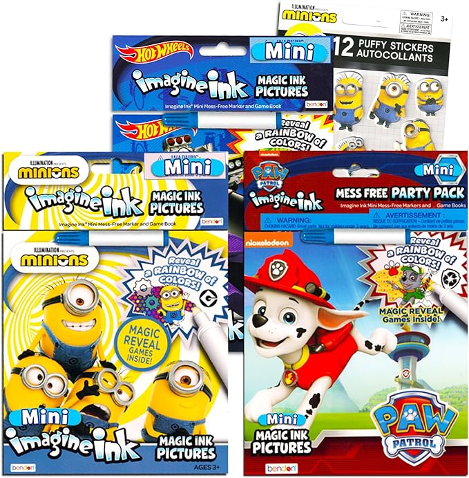Imagine Ink Coloring Book Bundle Including 3 No Mess Magic Ink Activity Books Featuring Hot Wheels, Paw Patrol, and Despicable Me Minions and Stickers