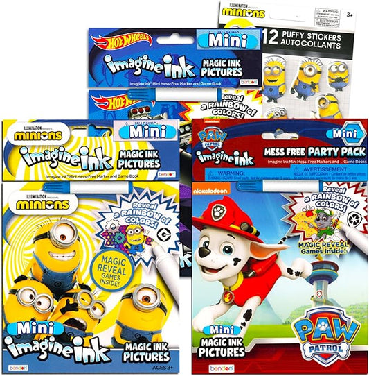 Imagine Ink Coloring Book Bundle Including 3 No Mess Magic Ink Activity Books Featuring Hot Wheels, Paw Patrol, and Despicable Me Minions and Stickers