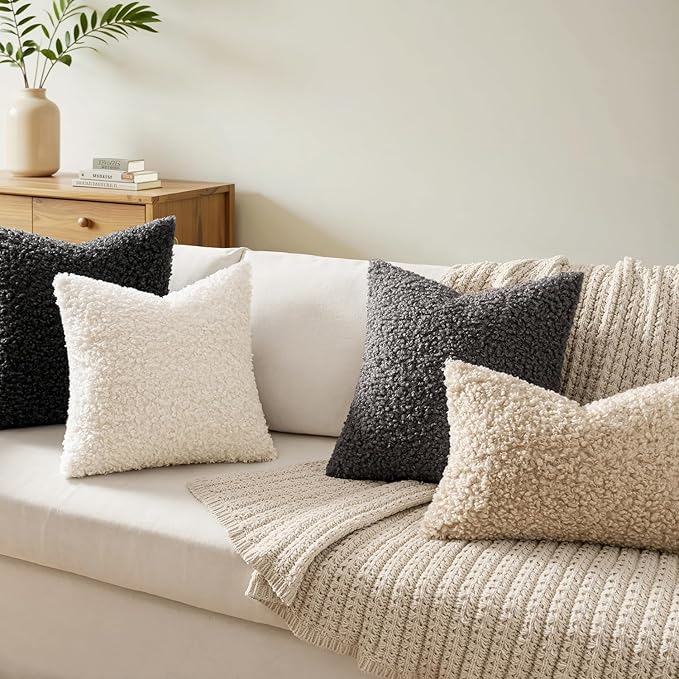 Woaboy Faux Fur Throw Pillow Covers 20x20 Inch Set of 2 Boucle Neutral Decorative Sherpa Fuzzy Accent Soft Sheepskin Fleece Cushions Modern Home Decor for Couch Sofa Bedroom Living Room,Gray