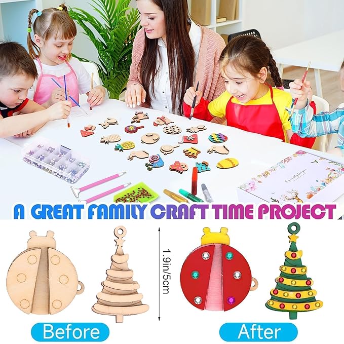 36 Pcs Wooden Magnets DIY Kit Wooden Art Craft Hanging Ornament Painting Craft Kit Gifts for Kids Boy Girl Easter Crafts Toys Basket Goodie Bag Stuffers