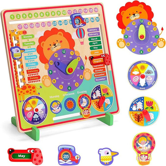 Montessori Toys for 4 Year Old,Wooden Calendar and Teaching Clock for Kids Learning Clock for Telling Time, Date, Days of The Months, Seasons and Weather-Educational Toys for Boys and Girls（7 in 1）
