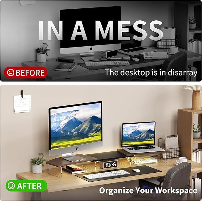 AFOOYO LED Dual Monitor Stand Riser for 2 Monitors,Office Desktop Wooden Stand Adjustable Length and Angle 3 Shelf,Extra Long Multifunctional Stand up to 44.4" for Computer,Laptop,TV,Walnut Finish