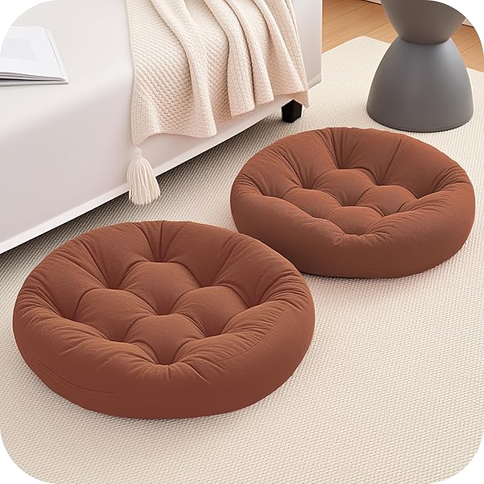 2Pcs Floor Pillows for Adults, 22x22 Inch Meditation Cushions, Large Round Sitting Cushion Living Room Memory Foam Pillow for Sitting (2, Brown, 22x22x4 Inch)