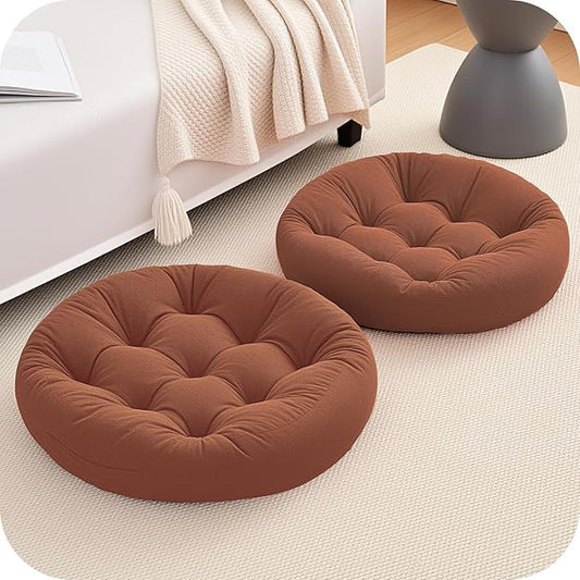 2Pcs Floor Pillows for Adults, 22x22x6 Inch Meditation Cushions, Large Round Sitting Cushion Living Room Memory Foam Pillow for Sitting (2, Brown, 22x22x6 Inch)
