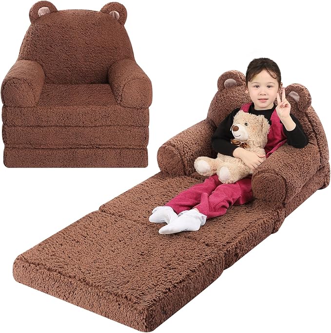 Foldable Kids Sofa, Sherpa Teddy Bear Toddler Couch with Tri Folding Foam Cushions, Comfy Kids Couch for Kids Age 3-6