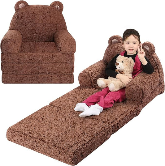 Foldable Kids Sofa, Sherpa Teddy Bear Toddler Couch with Tri Folding Foam Cushions, Comfy Kids Couch for Kids Age 3-6