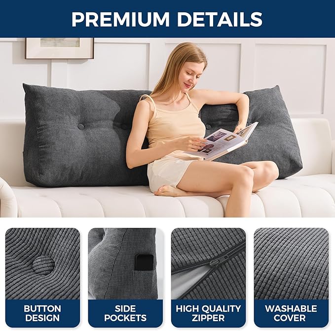 Headboard Pillow Twin, Triangle Pillows for Headboard, Head Board Backrest Wedge Pillow for Reading Sitting Working, Daybed Pillows with Removable Cover for Bed Dorm Sofa, Black