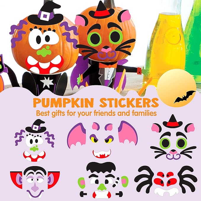 JOYIN 18 Packs Halloween Craft Foam Stickers, Arts Activities Party Supplies, Kids Party Favors, Pumpkin Decorating Kit, Jack O Lantern Face Sticker in 6 Funny Designs, Pumpkin Decor School Party Game