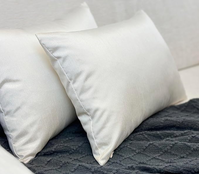 Aiking Home 12x18 Inches Faux Silk Rectangular Throw Pillow Cover, Zipper Closure, Ivory (Set of 2)
