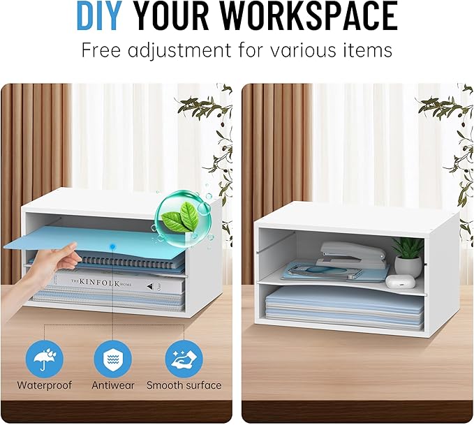 Wood Desk Organizer, 3 Tier Paper Tray Organizer for Desk with Adjustable Storage Shelves, Desktop File Organization Paper Sorter Mail Holder for Office Home Classroom, White