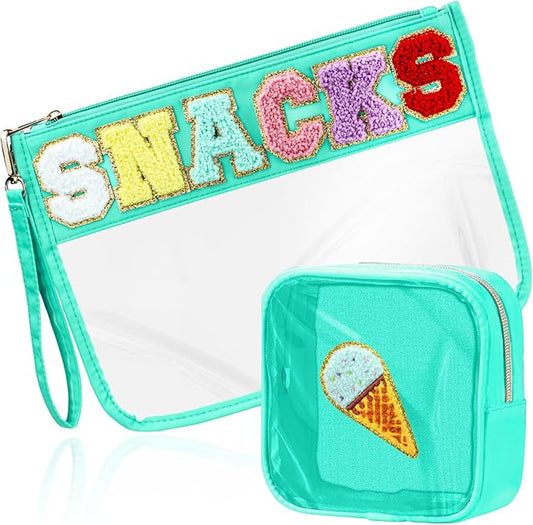 BuyCard 2 Pcs Snacks Bag Gifts Cosmetic Makeup Bag with Chenille Letter Patch, Clear Pouch PVC Organizer Purse, Waterproof Travel Bag, Portable Toiletry Storage Bag for Her Girls Friends Women