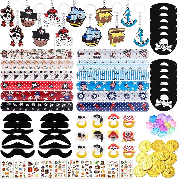 96PCS Pirate Party Favors Supplies Pirate Gold Coins Pirate Gem Pirate Keychain Rings Bracelets Pirate Eye Patch Mustache Tattoos for Birthday Party Goodie Bag Fillers