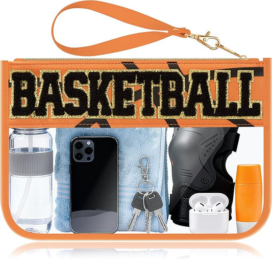 BuyCard Basketball Gifts Makeup Bag with Chenille Letter Patch, Clear Cosmetic Pouch PVC Organizer Purse, Waterproof Travel Bag, Portable Toiletry Storage Bag for Her Friends