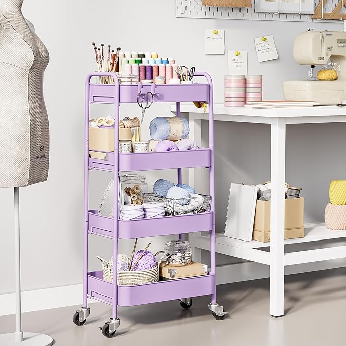 TOOLF 4-Tier Metal Rolling Cart with Wheels, Storage Utility Organizer Cart for Kitchen, Bathroom, Office, Baby Essentials & Makeup - Lockable Casters, Easy Assembly, Large Capacity, Purple
