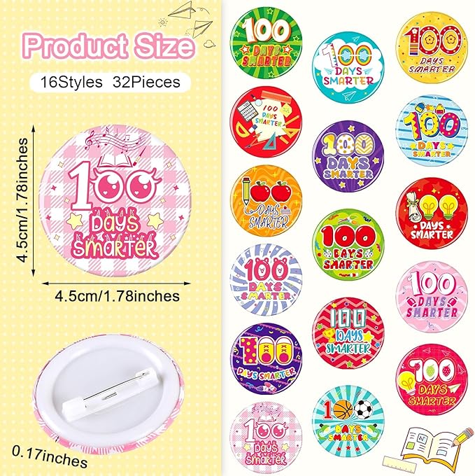 64PCS 100 Days of School Party Favors 32pcs 100 Days Smarter Button Badges Pins and 32pcs Silicone Bracelets for Happy 100th Day of School Activities Party Decorations Goodie Bag Fillers
