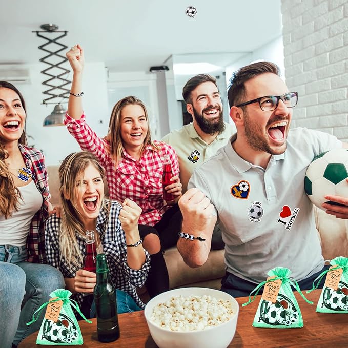 130 Pcs Soccer Party Favors Soccer Gift with Soccer Keychain Organza Soccer Goodie Bags Soccer Bracelet Soccer Stickers Kraft Tag Soccer Party Decorations for Boys Girls Birthday Sports Events