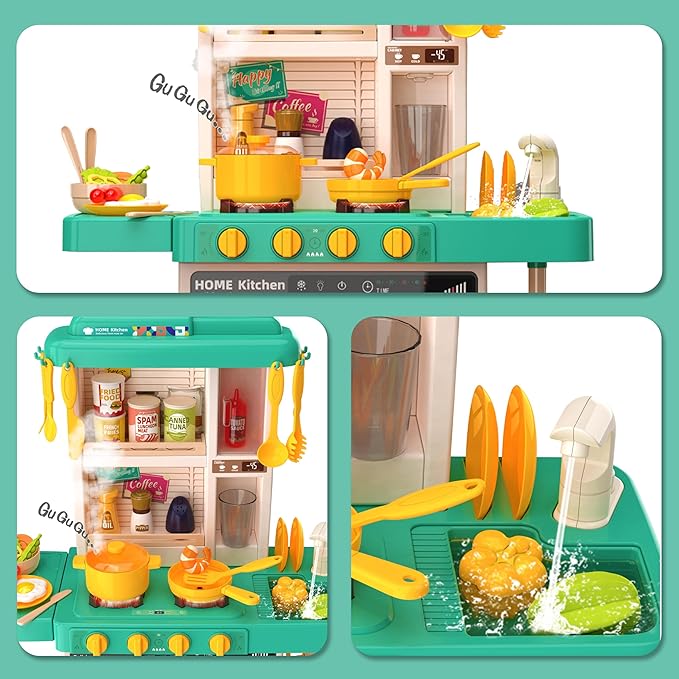 Kids Kitchen Play Set，Interactive Kids Kitchen Play Set with 50Pcs of Pretend Kitchen Toys，Realistic Sound Effects，and Simulated Functionality - Suitable for Toddlers Aged 2-12 Years (Green)