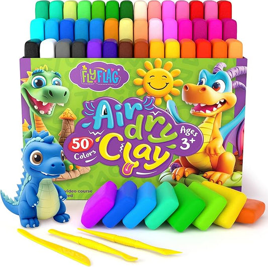FlyFlag Air Dry Clay - 50 Colors, Soft & Ultra Light, Modeling Clay for Kids with Accessories, Tools and Tutorials
