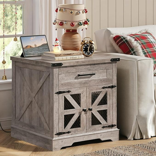 Farmhouse End Table with Charging Station, 24" Large Sofa Side Table with Drawer, Large End Table for Living Room, Wooden Nightstand with Outlet, Square, Greige