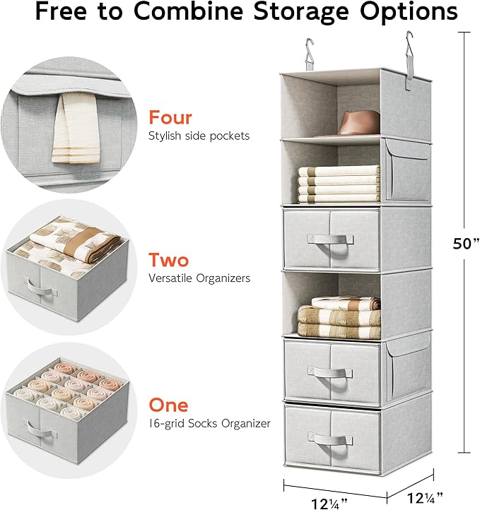 6-Shelf Hanging Closet Organizer with 3 Drawers, 6-Shelf Inseparable Closet Organizers and Storage for Wardrobe Organization, Hanging Dresser for Nursury & Dorm Clothes Organizer, Silver Gray