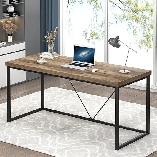 FOLUBAN Industrial Computer Desk, Rustic Wood and Metal Writing Desk, Vintage PC Table for Home Office, Oak 60 inch