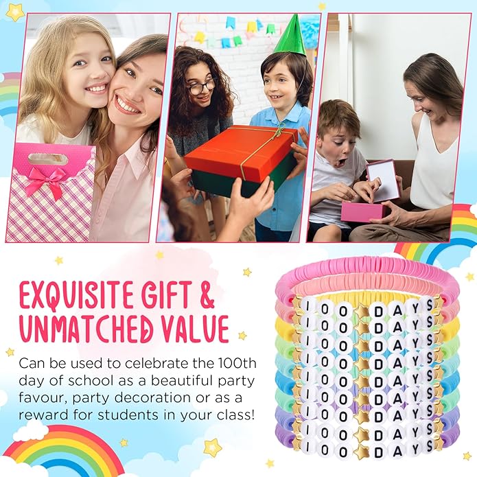 36 Pcs Happy 100th Day of School Bracelets Colorful Friendship Beads Bracelet for Boy Girl Kids Cute 100th Day Gifts Stretchy Acrylic Clay for School Supply Decor Student Rewards