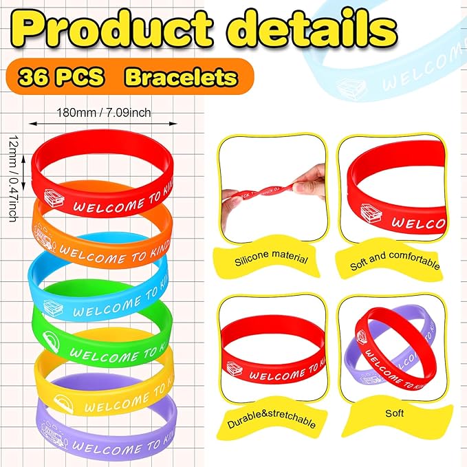 36 Pcs Welcome to Kindergarten Party Rubber Bracelets Back to School Silicone Wristbands First Day of School Party Supplies Prize Goodie Bag Favors Gifts for Kids Students