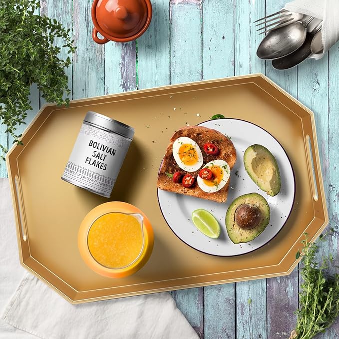 Omuriko Gold Decorative Tray with Handles, Versatile Serving Tray for Coffee Table, Ottoman, Ideal for Serving, Displaying, Organizing, 15.7"*10.2"*1.57"