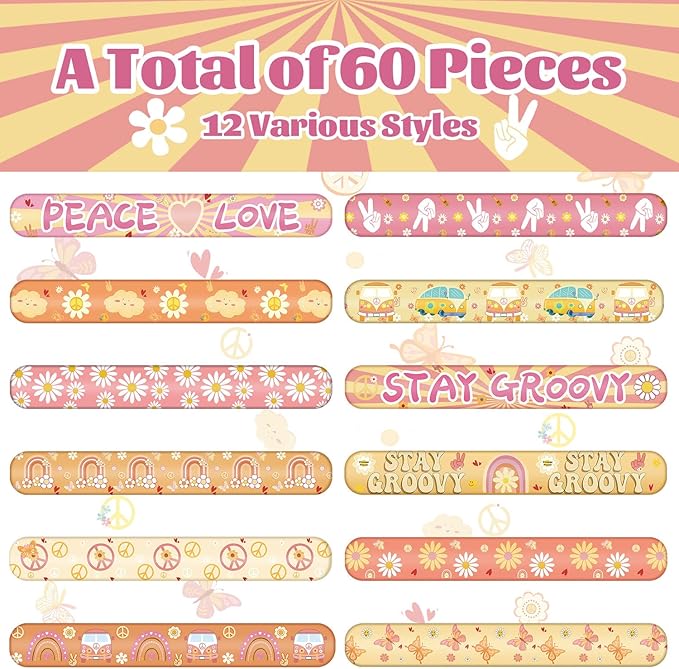 60 Pieces Groovy Slap Bracelets Hippie Boho Wristbands Daisy Flower Peace Rainbow Butterfly and Love Bracelets for 60s 70s Groovy Party Favors Gifts Birthday Party Supplies Decorations