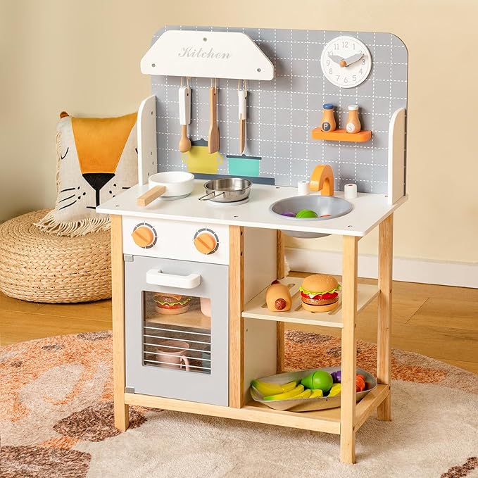 Kids Kitchen Playset, Wooden Play Kitchen with Sink, Stove, Oven, Dish Rack, Storage Cabinet, Cooking Accessories, Little Chef Pretend Play Toy Kitchen Set Gift for Toddler, Boys, Girls