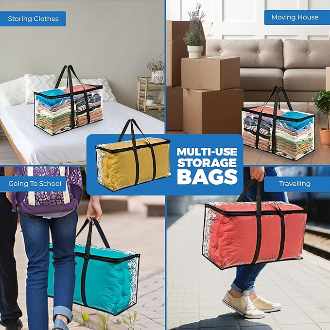 4 Pack Clear Large Moving Bags, Heavy Duty Storage Bags, College Totes, Storage Bins, for Organizing Blankets, Clothing for College, Dorm, Packing, Durable with Zipper and Handle 25x14x12